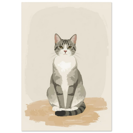 Sittande gråvit tabbykatt i minimalistisk illustration med beige bakgrund