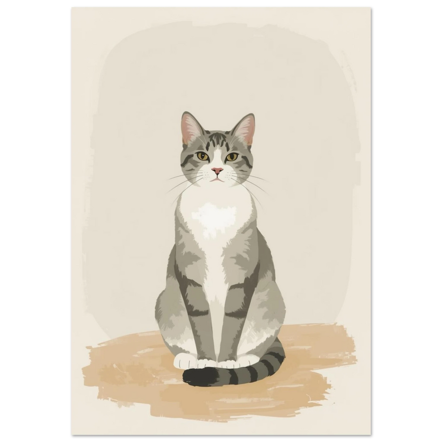 Sittande gråvit tabbykatt i minimalistisk illustration med beige bakgrund
