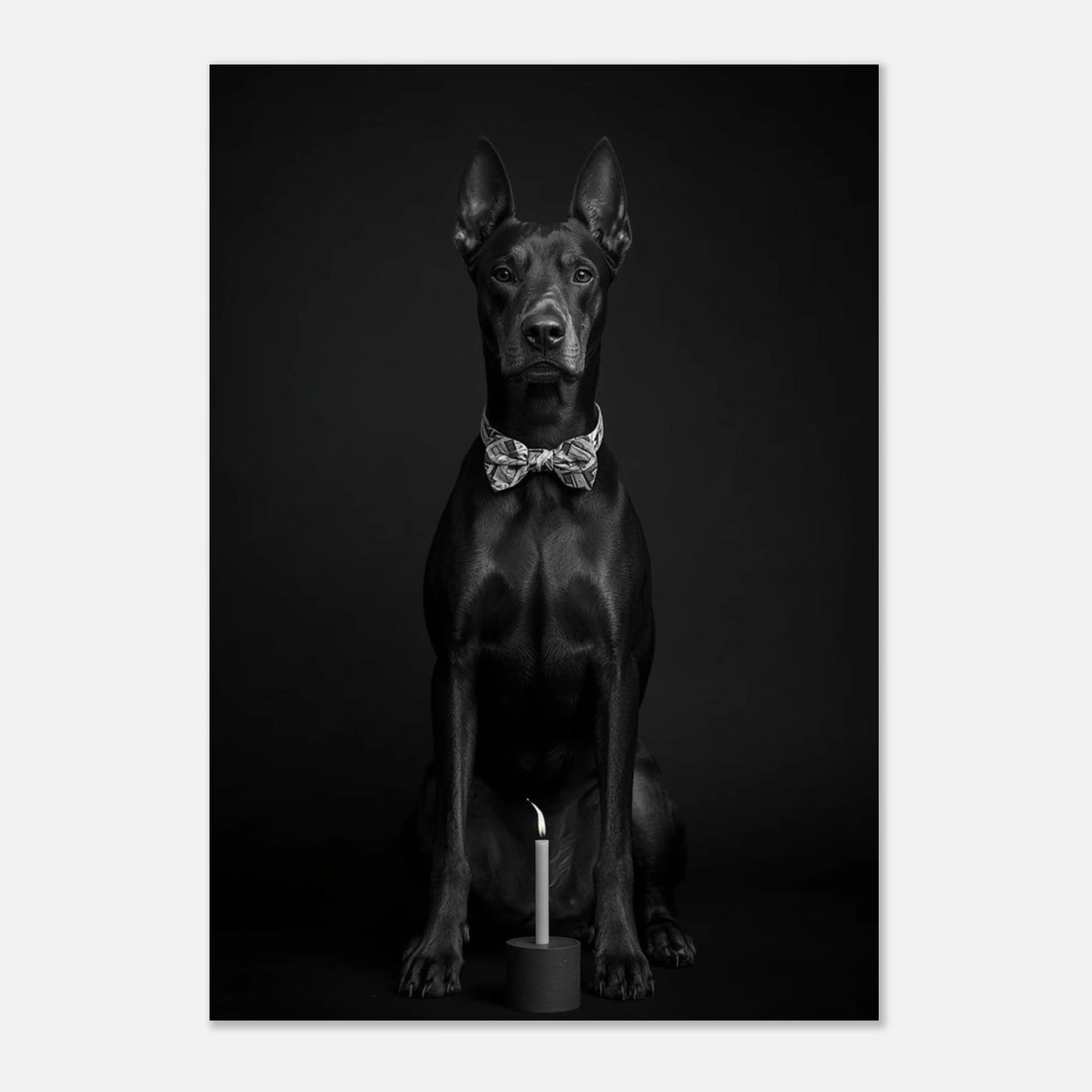 Stilren fotokonst med en sittande dobermann och ett brinnande ljus