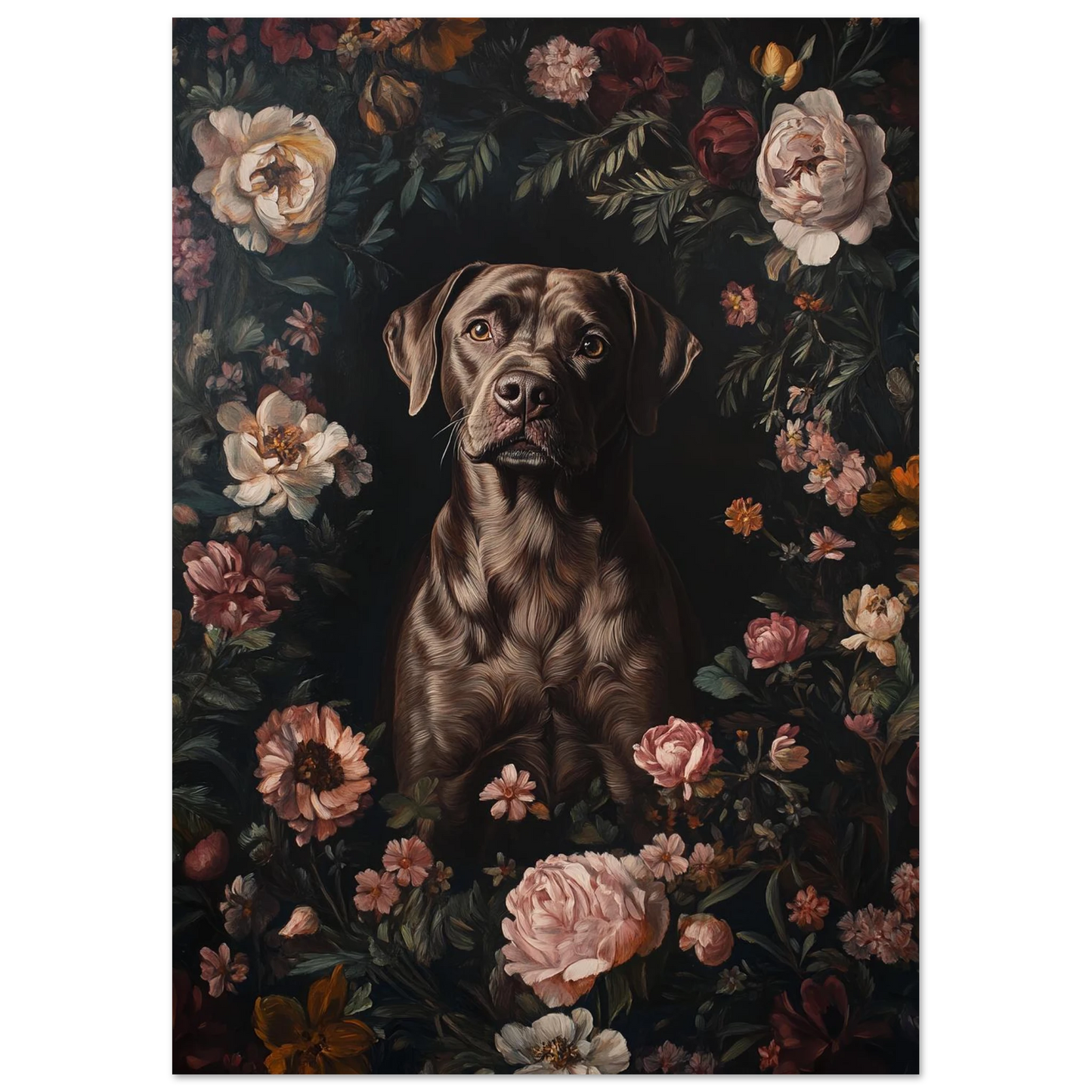 Konstnärligt hundporträtt av en labrador retriever i en fyllig krans av vintageblommor