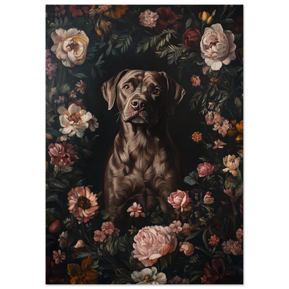 Konstnärligt hundporträtt av en labrador retriever i en fyllig krans av vintageblommor