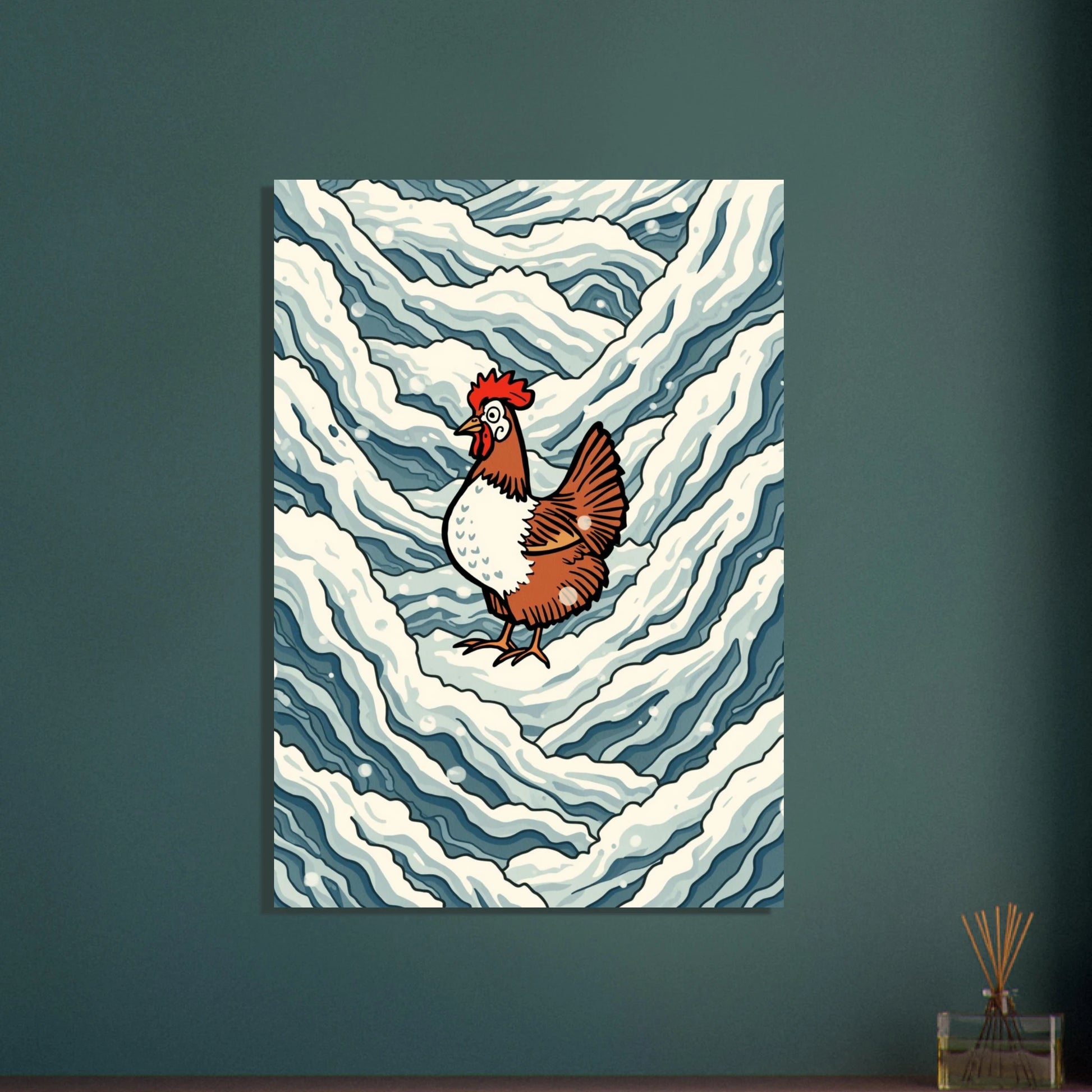 Höna i djup snö, konstnärlig illustration med drömlik stämning