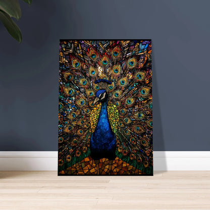 Majestätisk påfågel i intrikat glasmosaik, färgstarkt konstverk med elegans.
