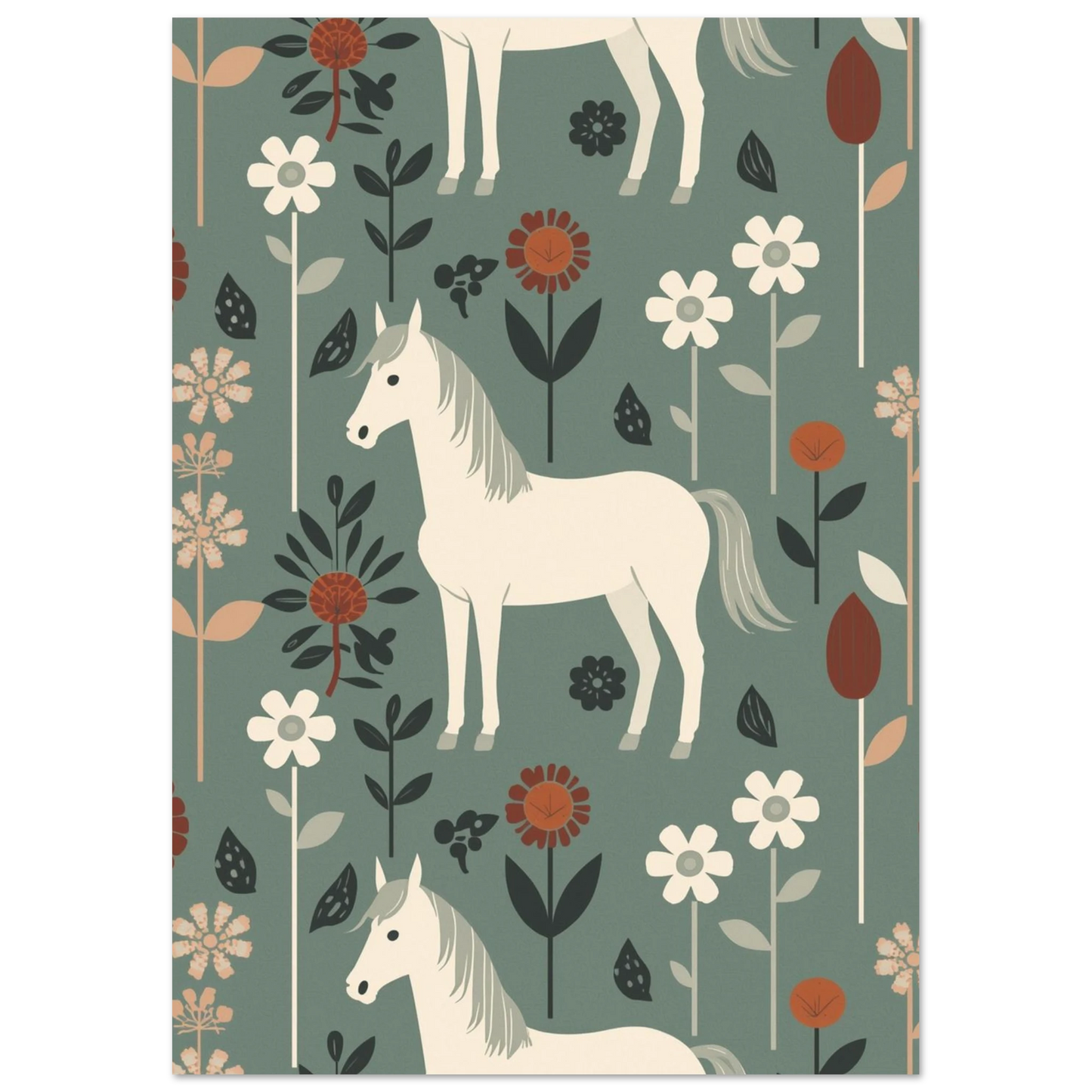 Stiliserad hästposter i nordisk design med dekorativa blommor och blad