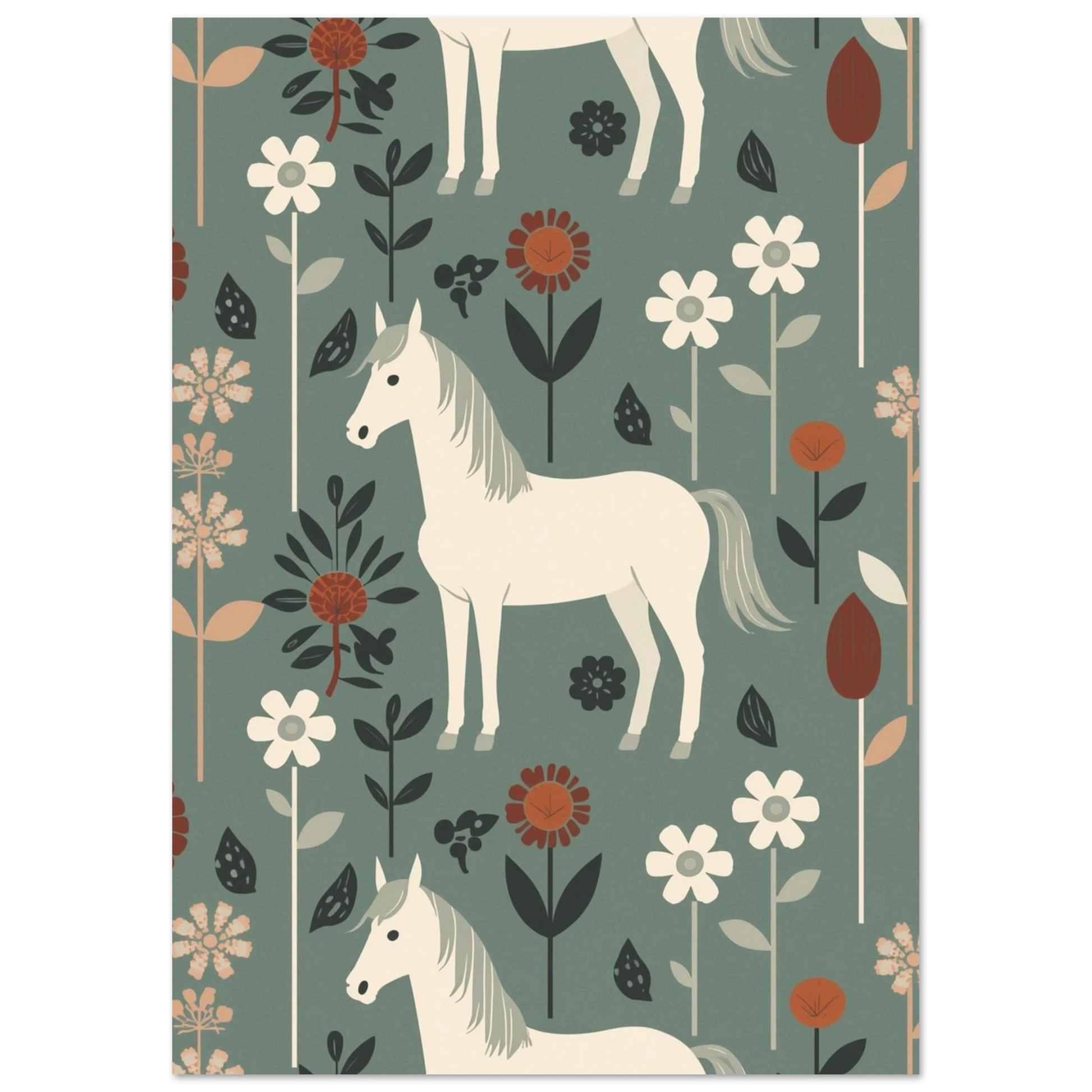 Stiliserad hästposter i nordisk design med dekorativa blommor och blad