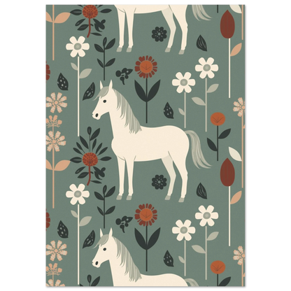 Stiliserad hästposter i nordisk design med dekorativa blommor och blad