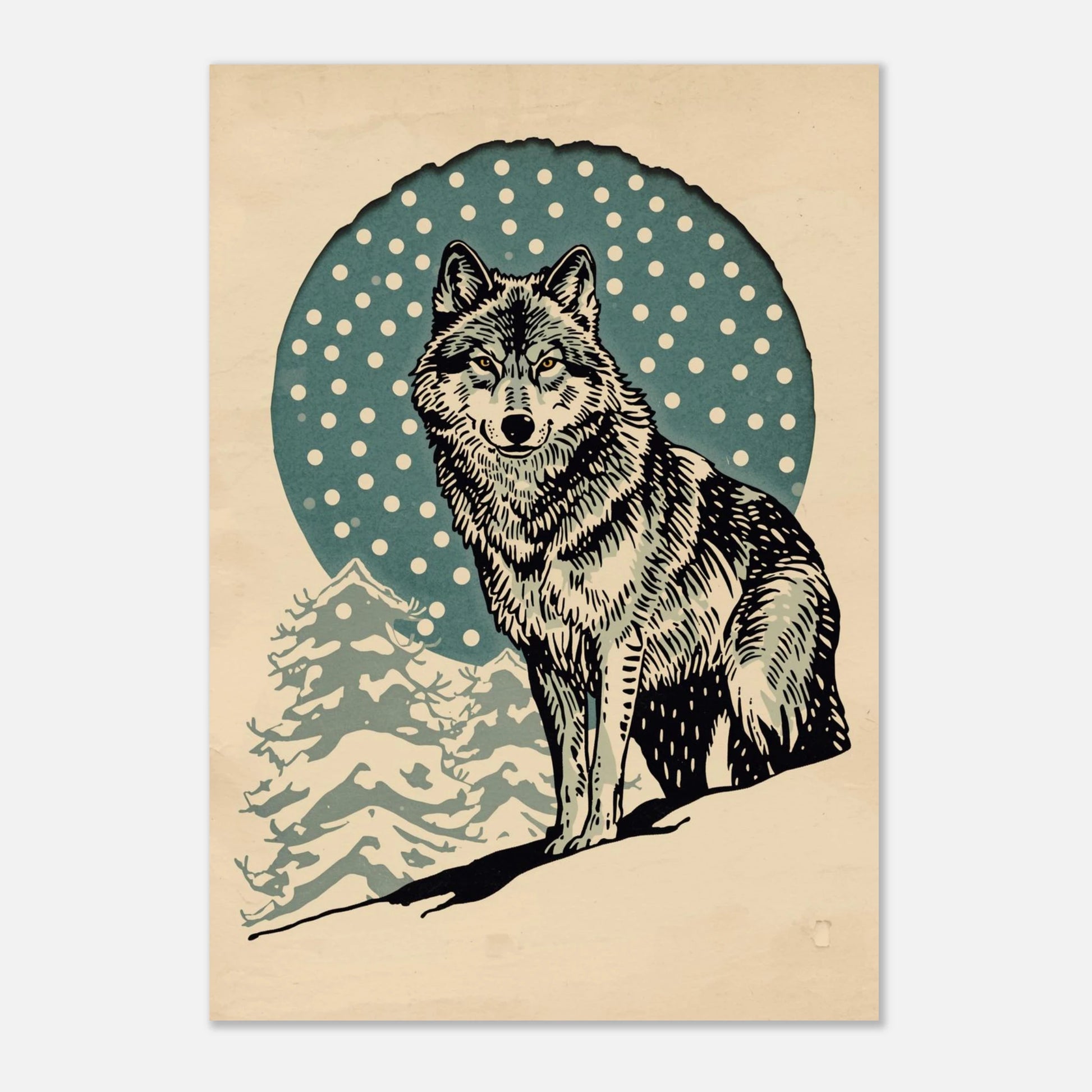 Vintermotiv med en majestätisk varg i grafisk linjekonst och kalla toner