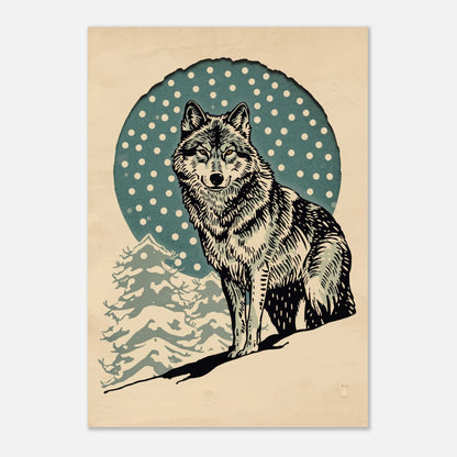 Vintermotiv med en majestätisk varg i grafisk linjekonst och kalla toner