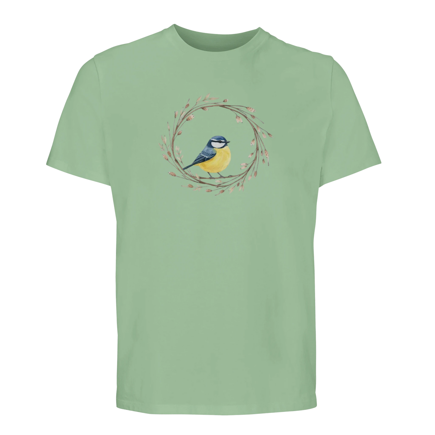 Grön t-shirt i ekologisk bomull med illustrerad blåmes och naturmotiv
