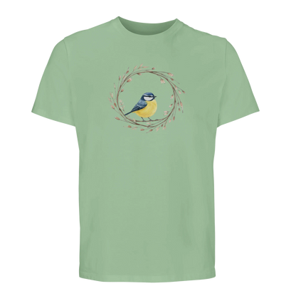Grön t-shirt i ekologisk bomull med illustrerad blåmes och naturmotiv