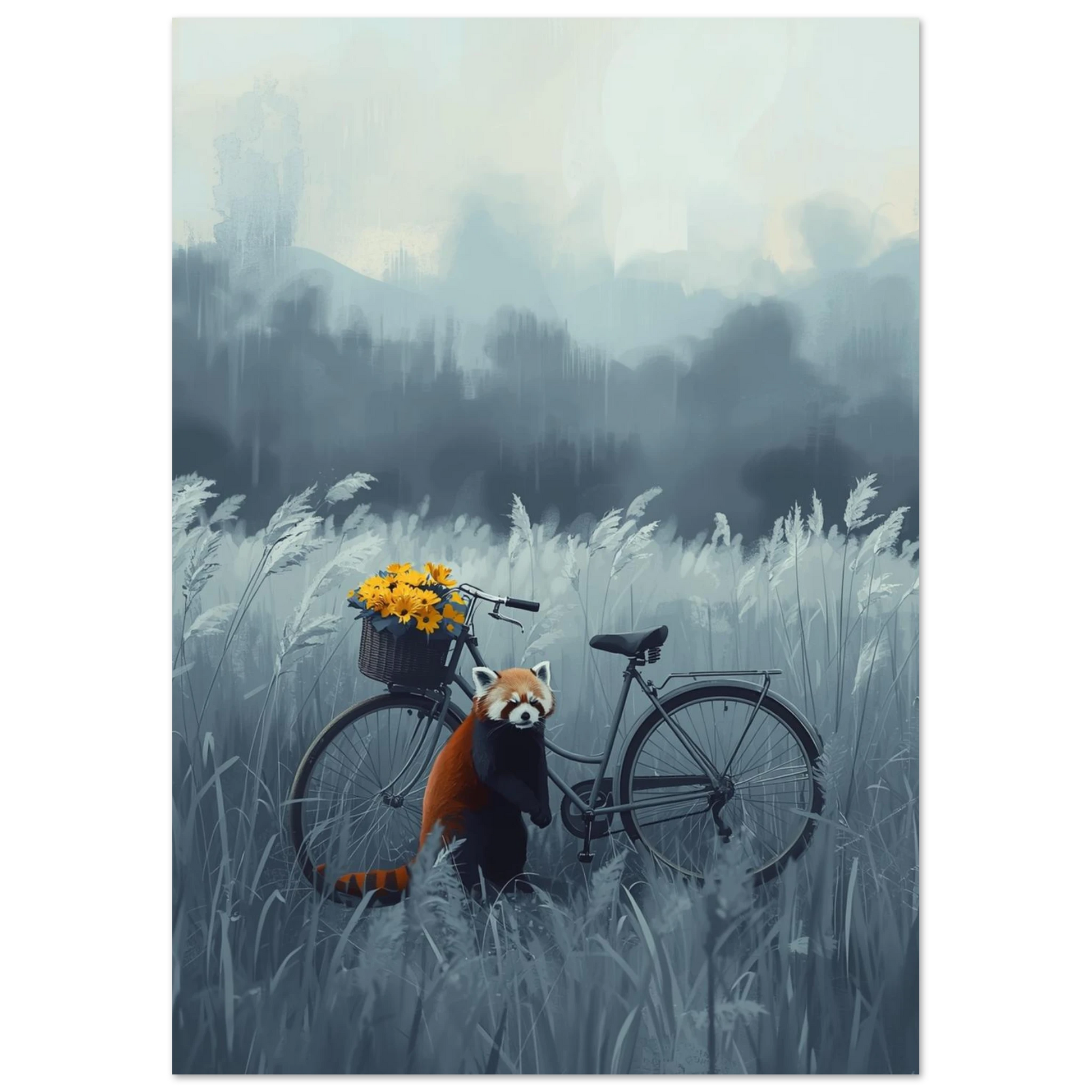 Målerisk illustration av röd panda i högt gräs med cykel