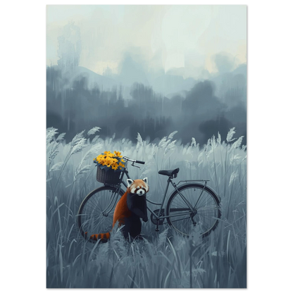 Målerisk illustration av röd panda i högt gräs med cykel