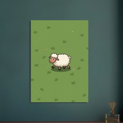 Pixelart-får med fluffig vit päls på grön äng, lugn stämning.
