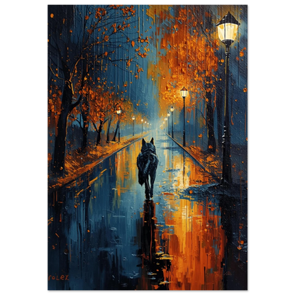 Impressionistisk vargposter med blå natt och orangea gatlyktor i regn