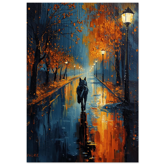 Impressionistisk vargposter med blå natt och orangea gatlyktor i regn