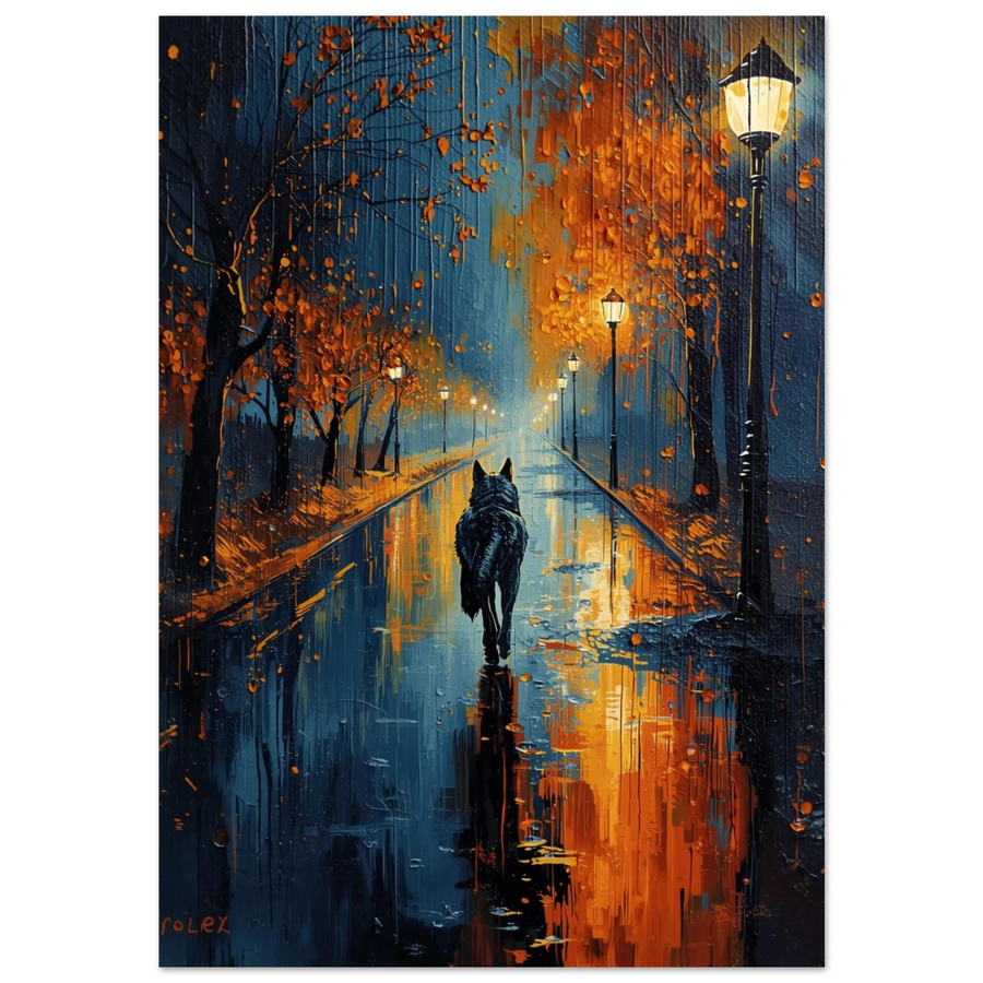 Impressionistisk vargposter med blå natt och orangea gatlyktor i regn
