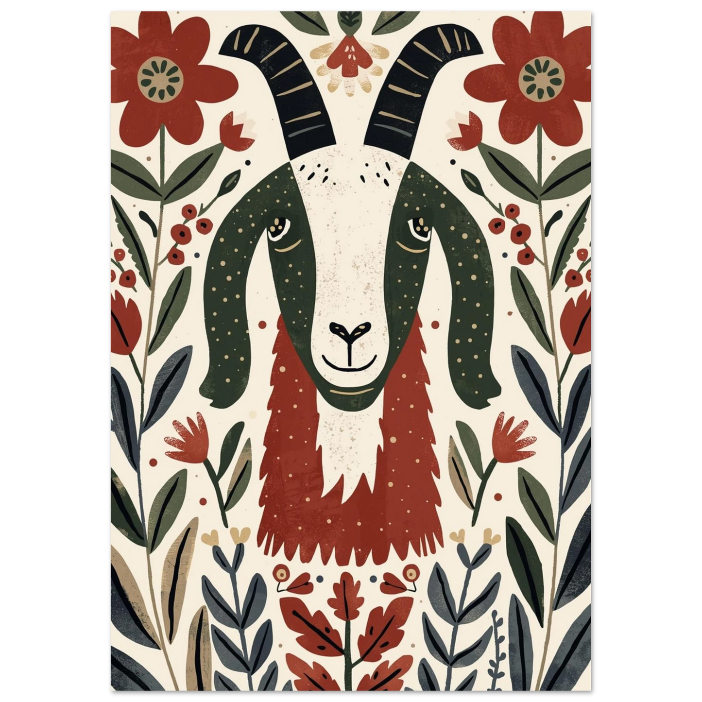 Rustik illustration av en get med horn i skandinavisk folklig stil