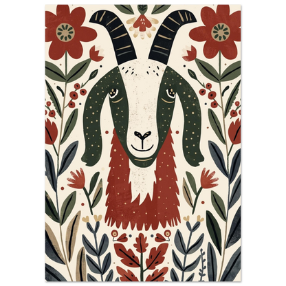 Rustik illustration av en get med horn i skandinavisk folklig stil