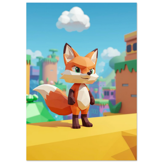 Orange low-poly räv i färgstarkt 3D-landskap, lekfull barnrumsposter
