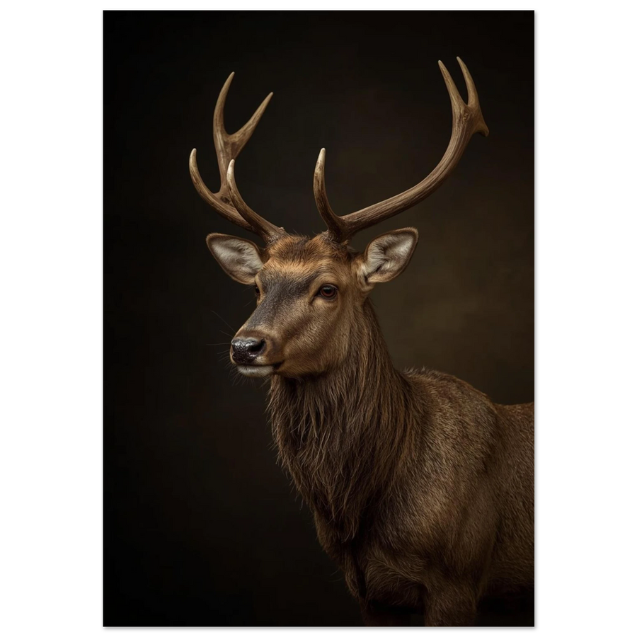 Kronhjort med ståtliga horn i dramatiskt studioljus – fotorealistisk djurposter