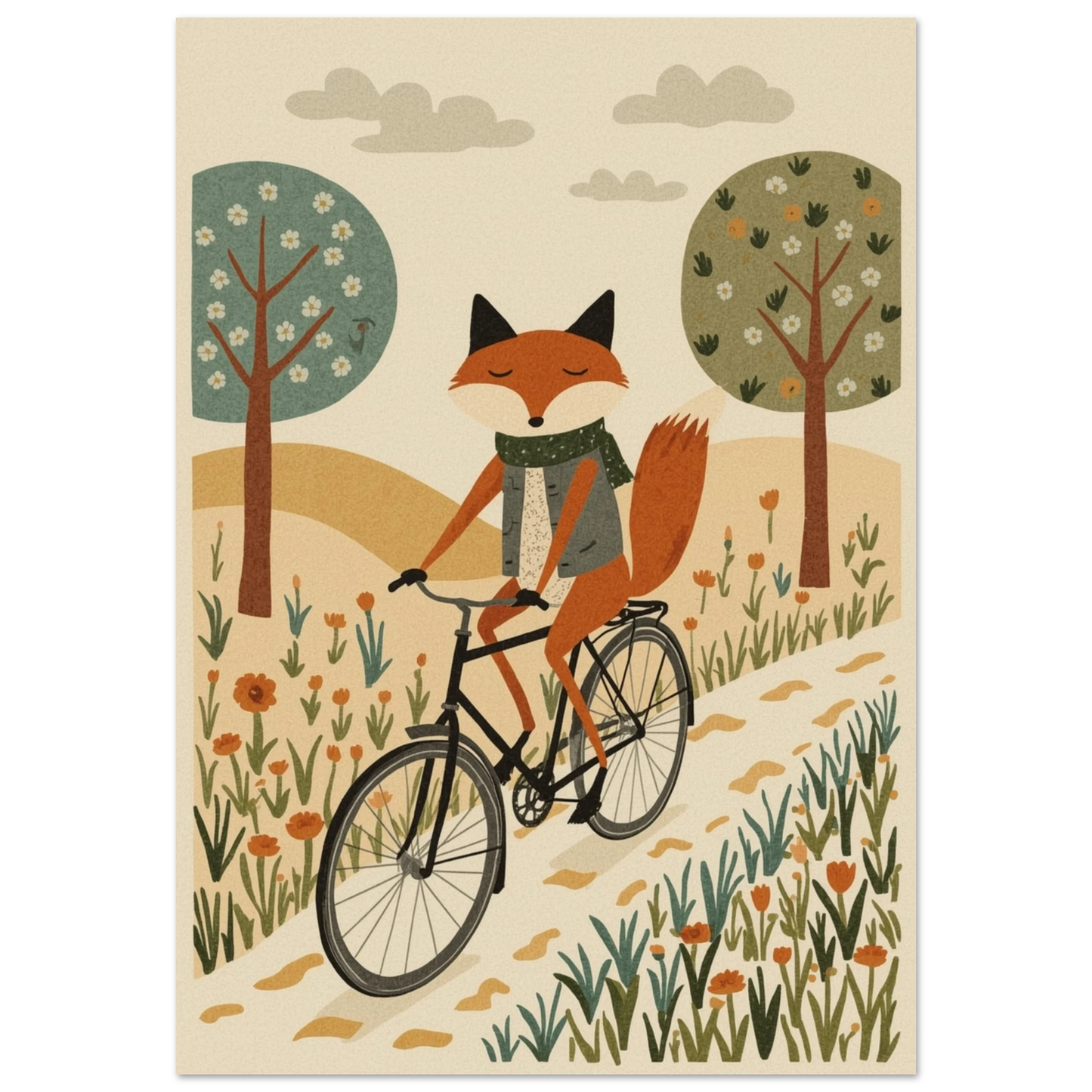 Räv på cykel i ett landskap med träd och blommor – Tecknad poster