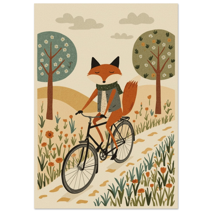 Räv på cykel i ett landskap med träd och blommor – Tecknad poster