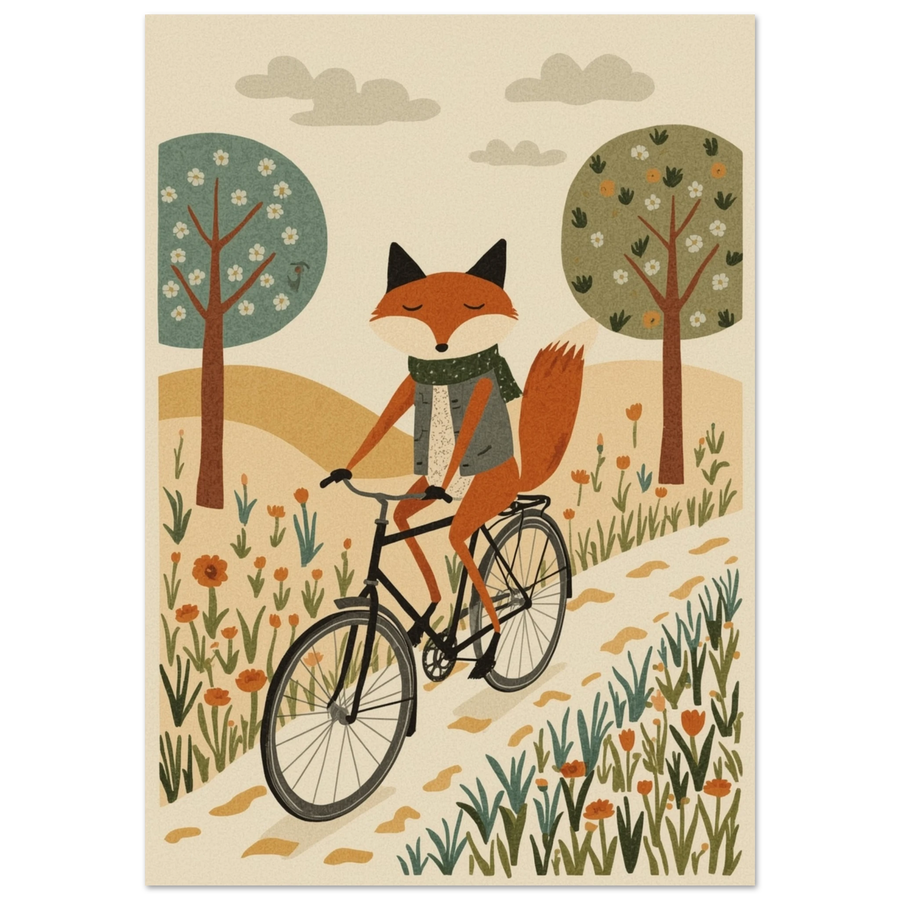 Räv på cykel i ett landskap med träd och blommor – Tecknad poster