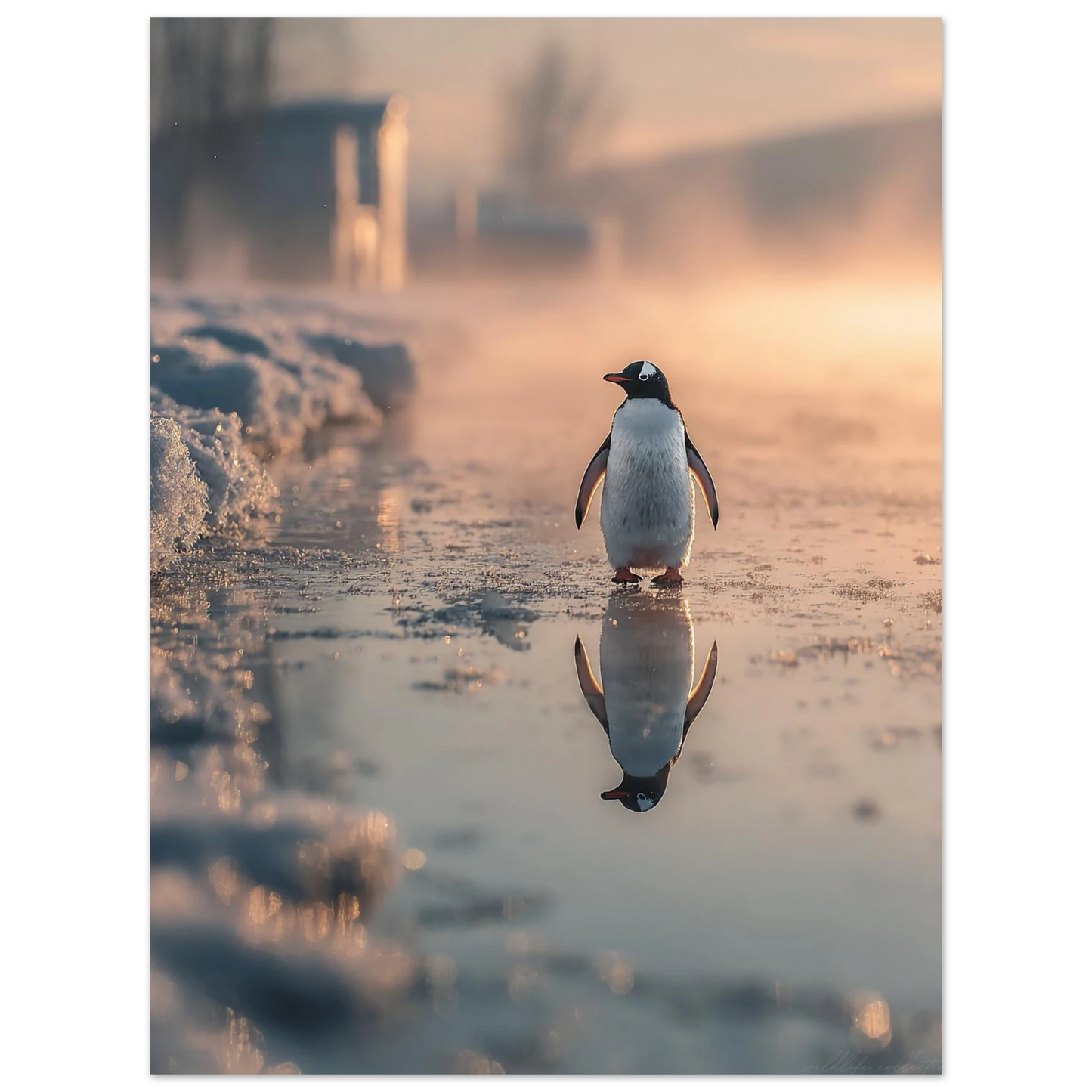 Närbild på en pingvin som vandrar i frostigt landskap – Fotorealistisk poster