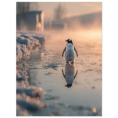 Närbild på en pingvin som vandrar i frostigt landskap – Fotorealistisk poster