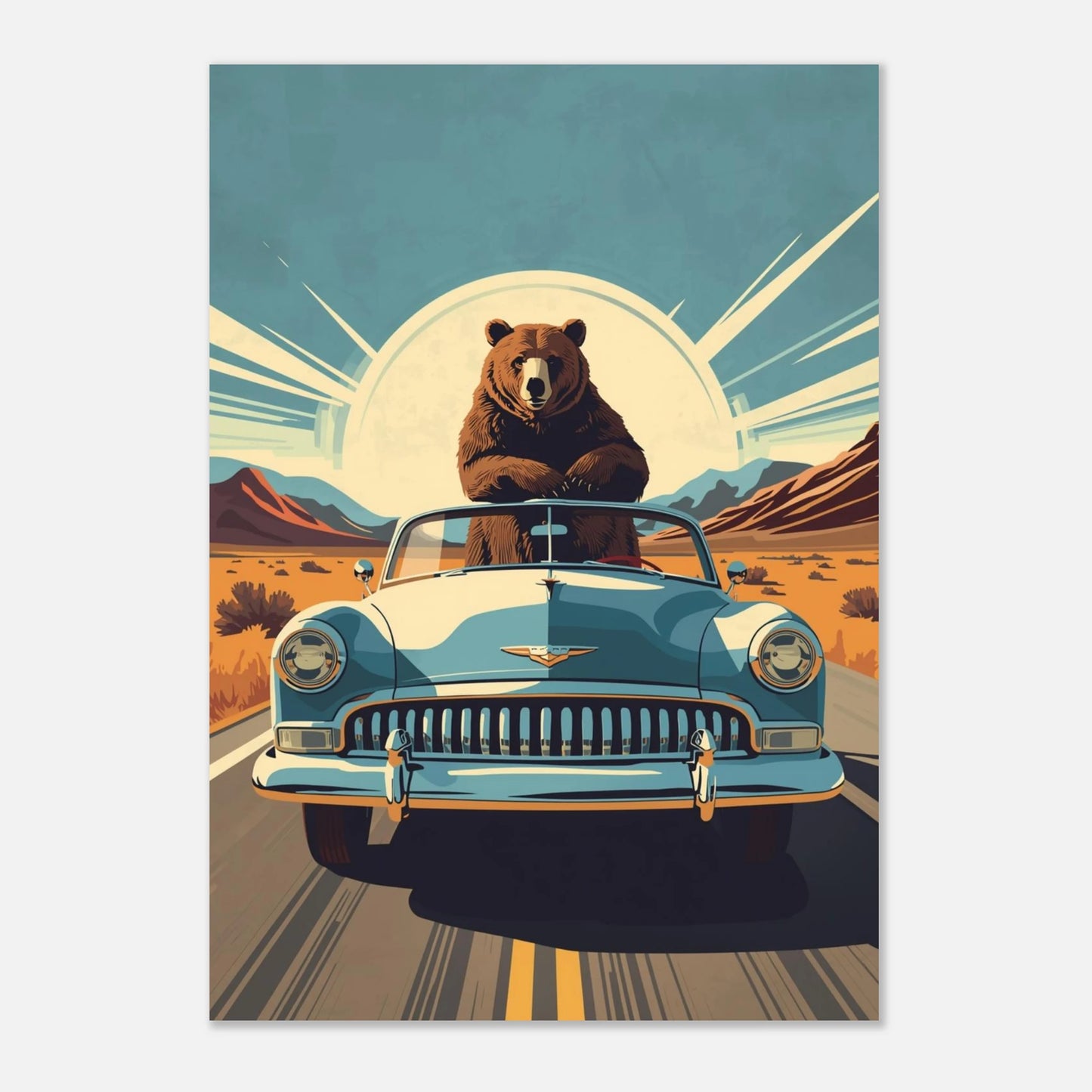 Grafiskt tryck av björn i öknen med retro amerikansk känsla