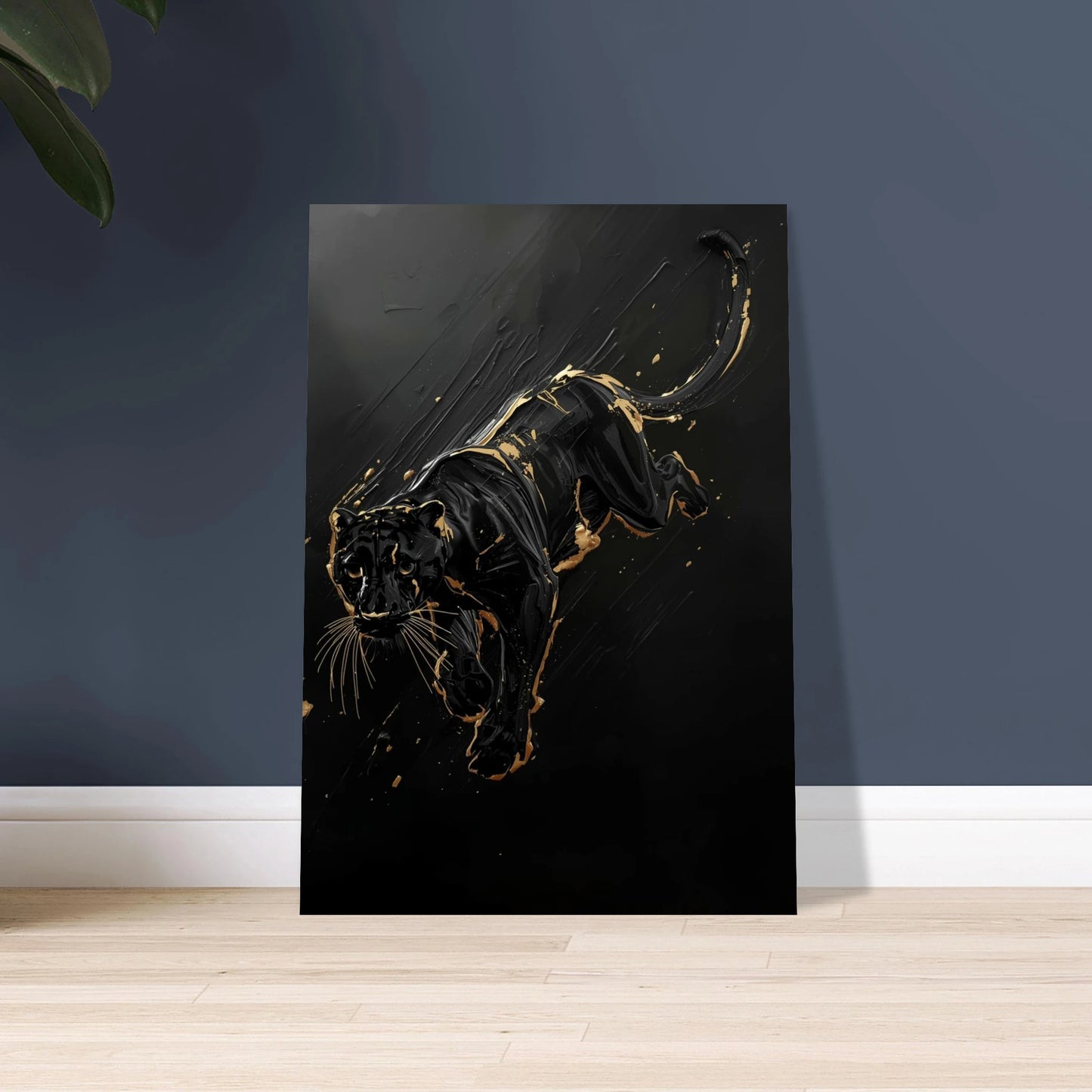 Svart panter i impasto-stil med guldiga detaljer, elegant och kraftfull
