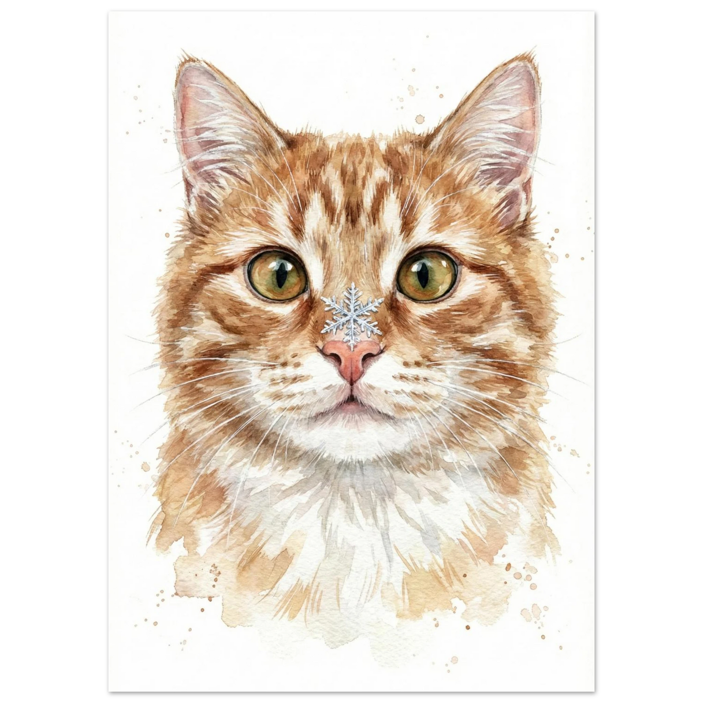 Rödtabby katt i akvarellstil med en gnistrande snöflinga, djurmotiv
