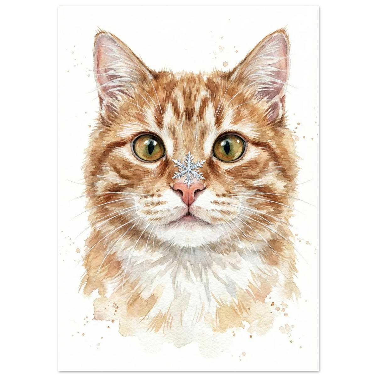 Rödtabby katt i akvarellstil med en gnistrande snöflinga, djurmotiv