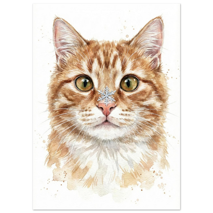 Rödtabby katt i akvarellstil med en gnistrande snöflinga, djurmotiv