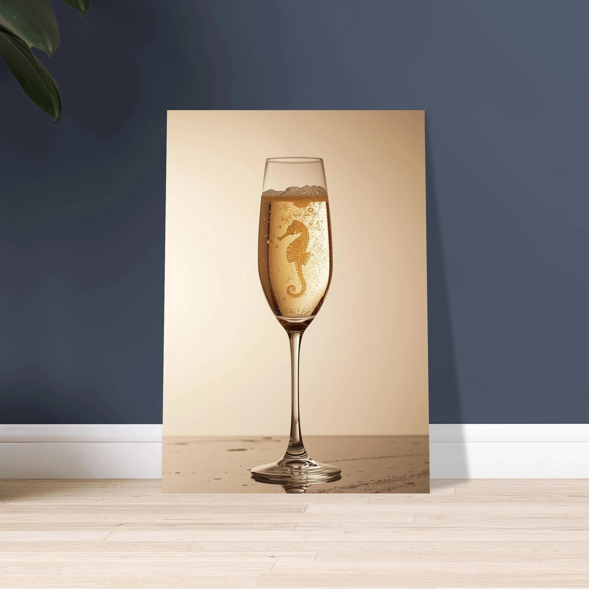 Sjöhäst i champagneglas, bubblande och elegant motiv