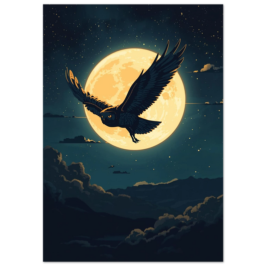 Uggla som flyger framför en stor gul fullmåne, grafisk illustration