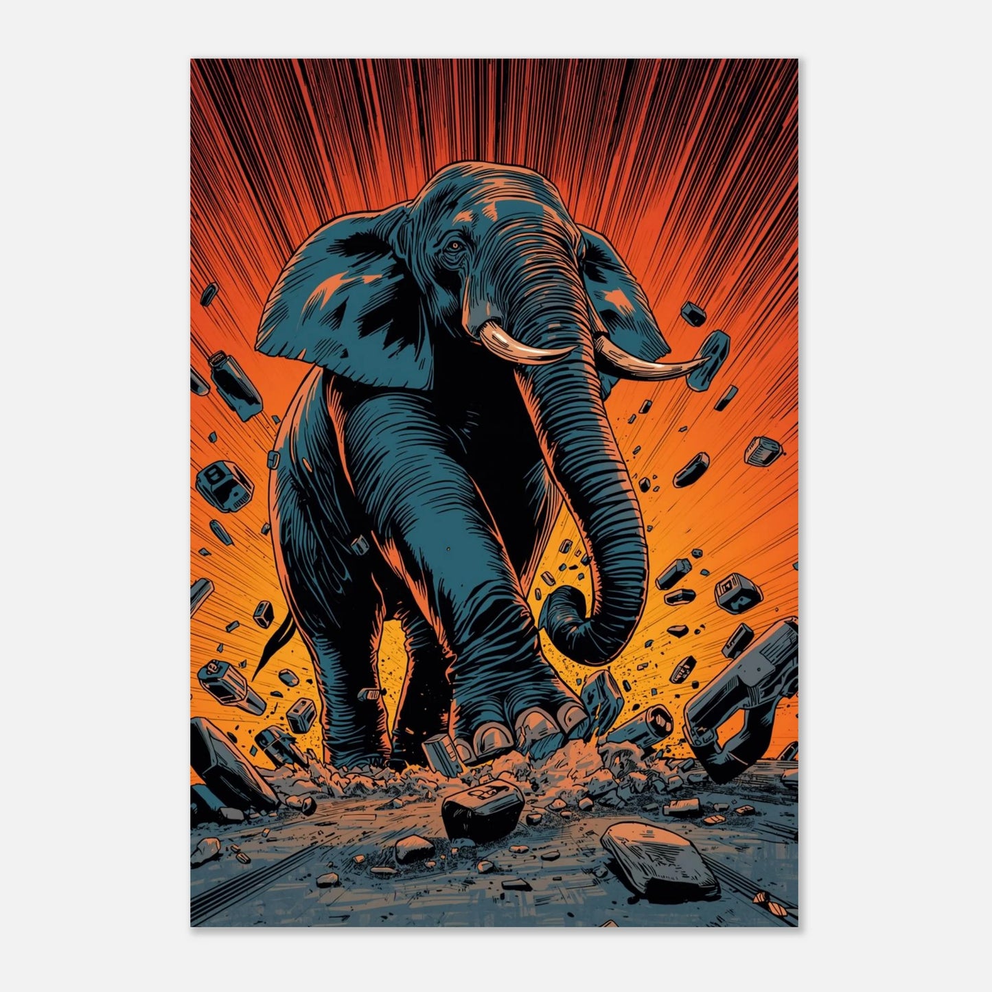 Majestätisk elefant i en explosiv komposition med hög kontrast och rörelse