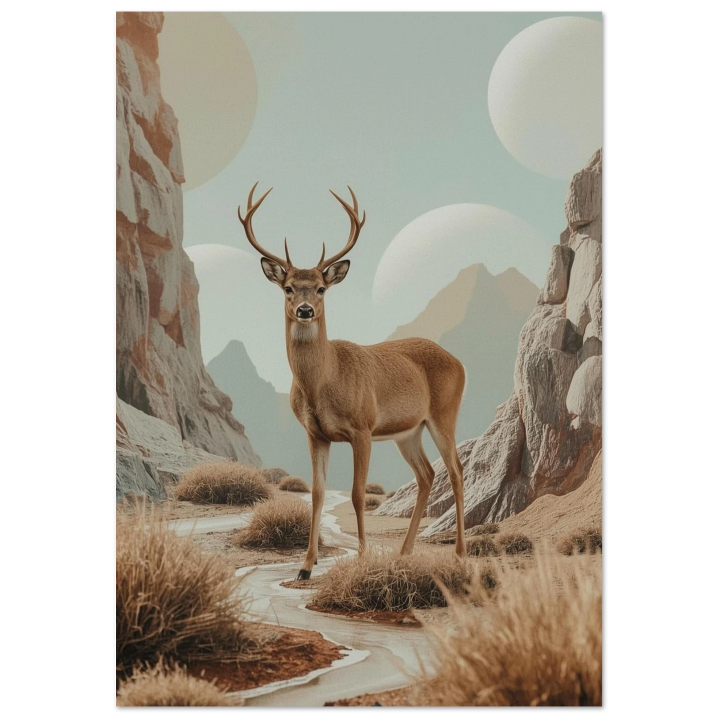Ståtlig hjort i surrealistiskt ökenlandskap med svävande planeter, beige poster