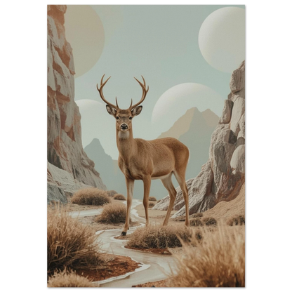 Ståtlig hjort i surrealistiskt ökenlandskap med svävande planeter, beige poster