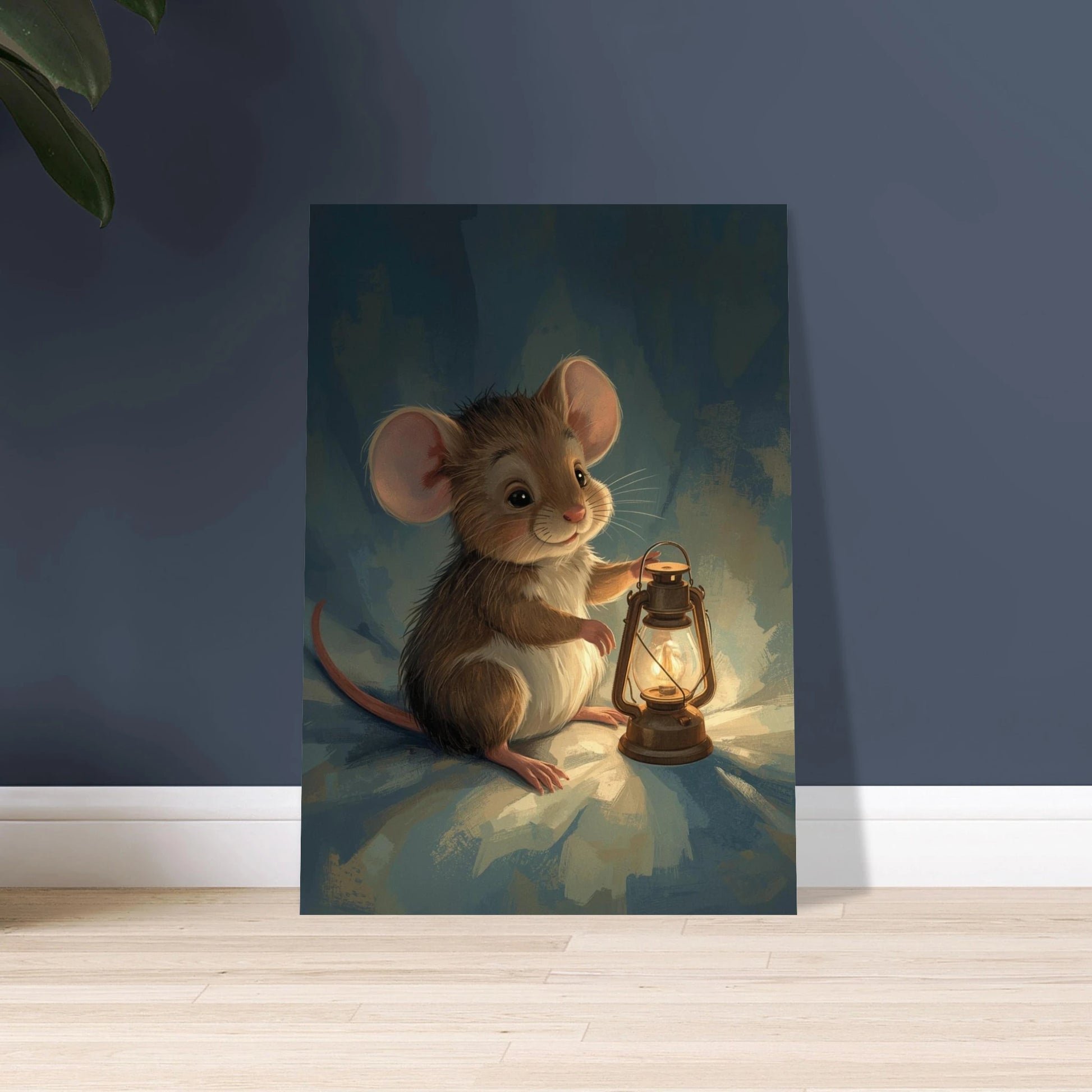 Söt mus med lykta i sagolik illustration, mysig stämning