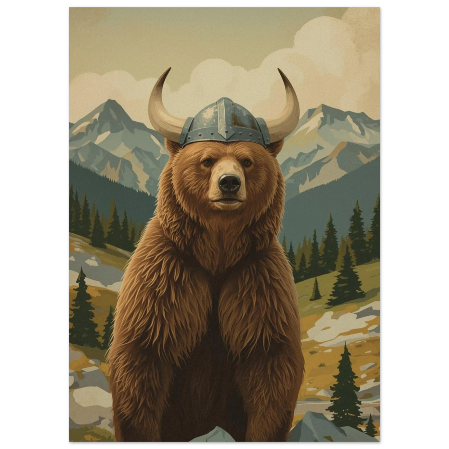 Vikingabjörn med gröna träd och snötäckta berg i fjärran, detaljbild – Målad poster