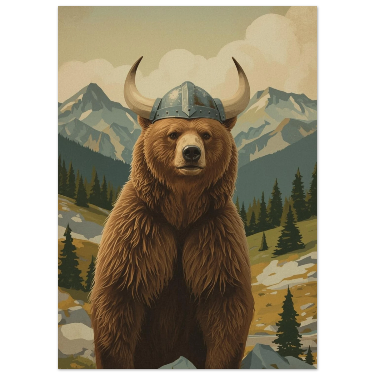 Vikingabjörn med gröna träd och snötäckta berg i fjärran, detaljbild – Målad poster
