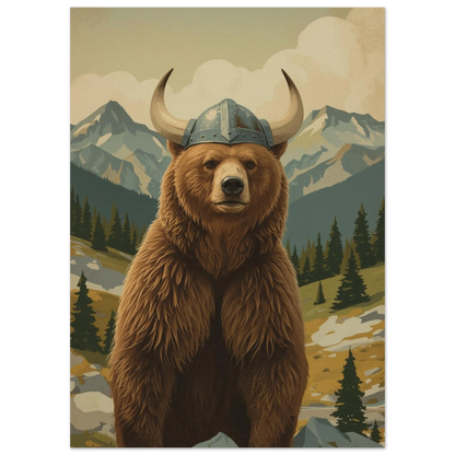 Vikingabjörn med gröna träd och snötäckta berg i fjärran, detaljbild – Målad poster