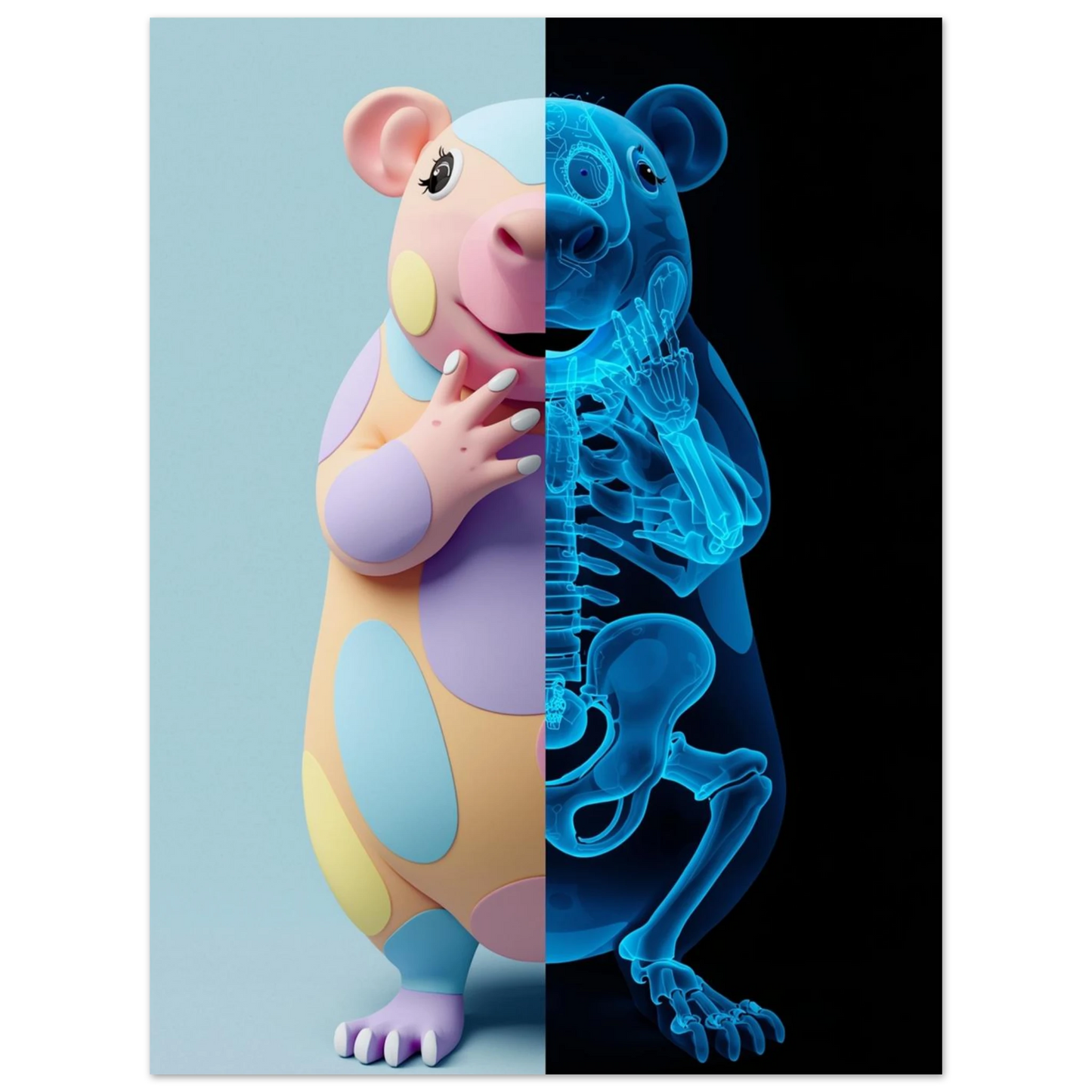 Kreativt kapybaramotiv med kontrast mellan mjuk grafik och blått skelett