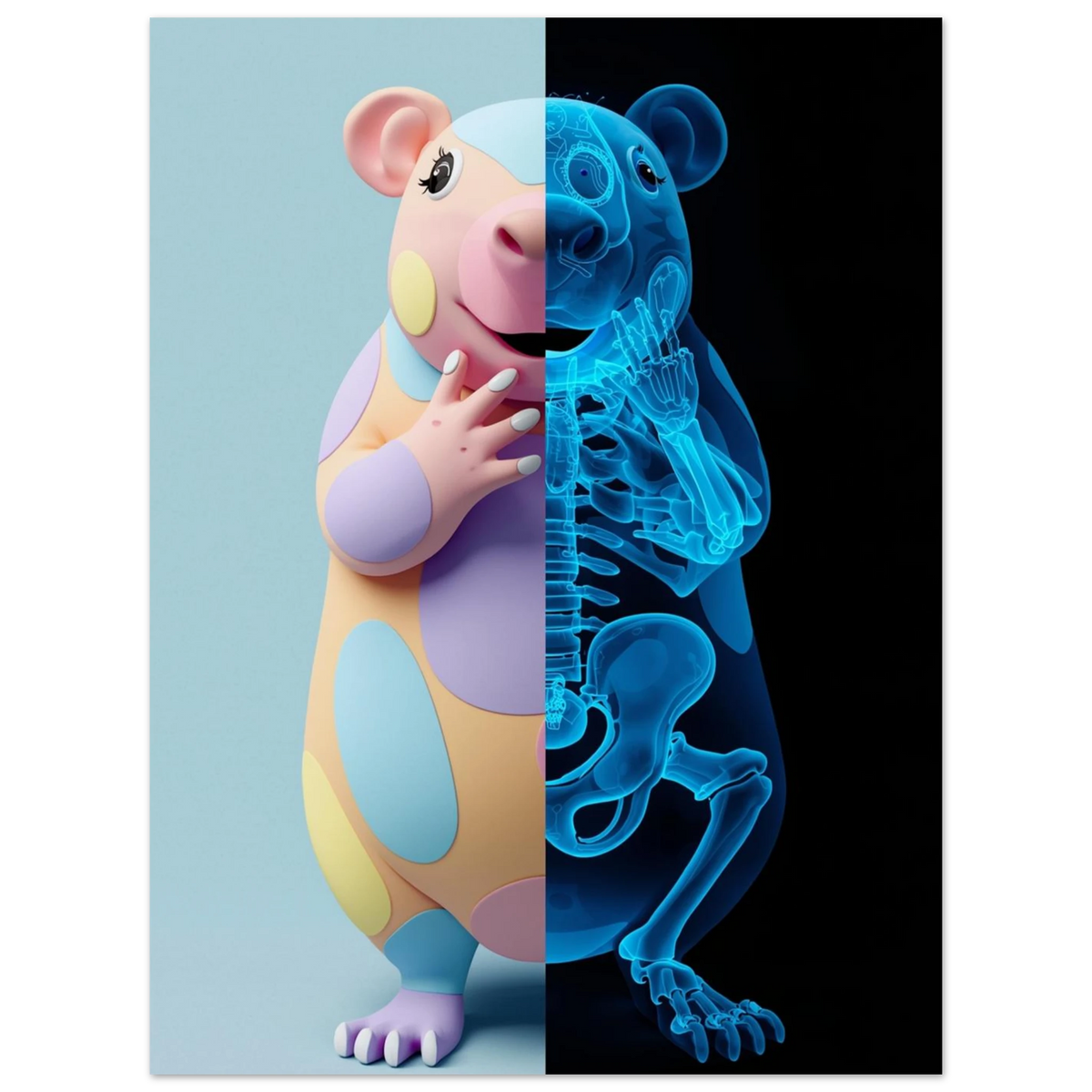Kreativt kapybaramotiv med kontrast mellan mjuk grafik och blått skelett