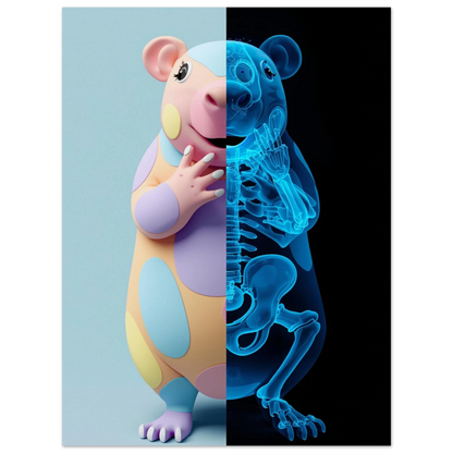 Kreativt kapybaramotiv med kontrast mellan mjuk grafik och blått skelett