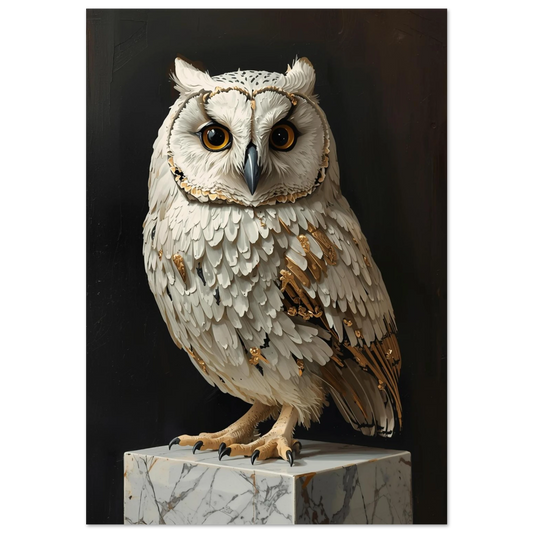 Vit uggla med guldinslag på marmorpiedestal, mörk bakgrund – djurposter