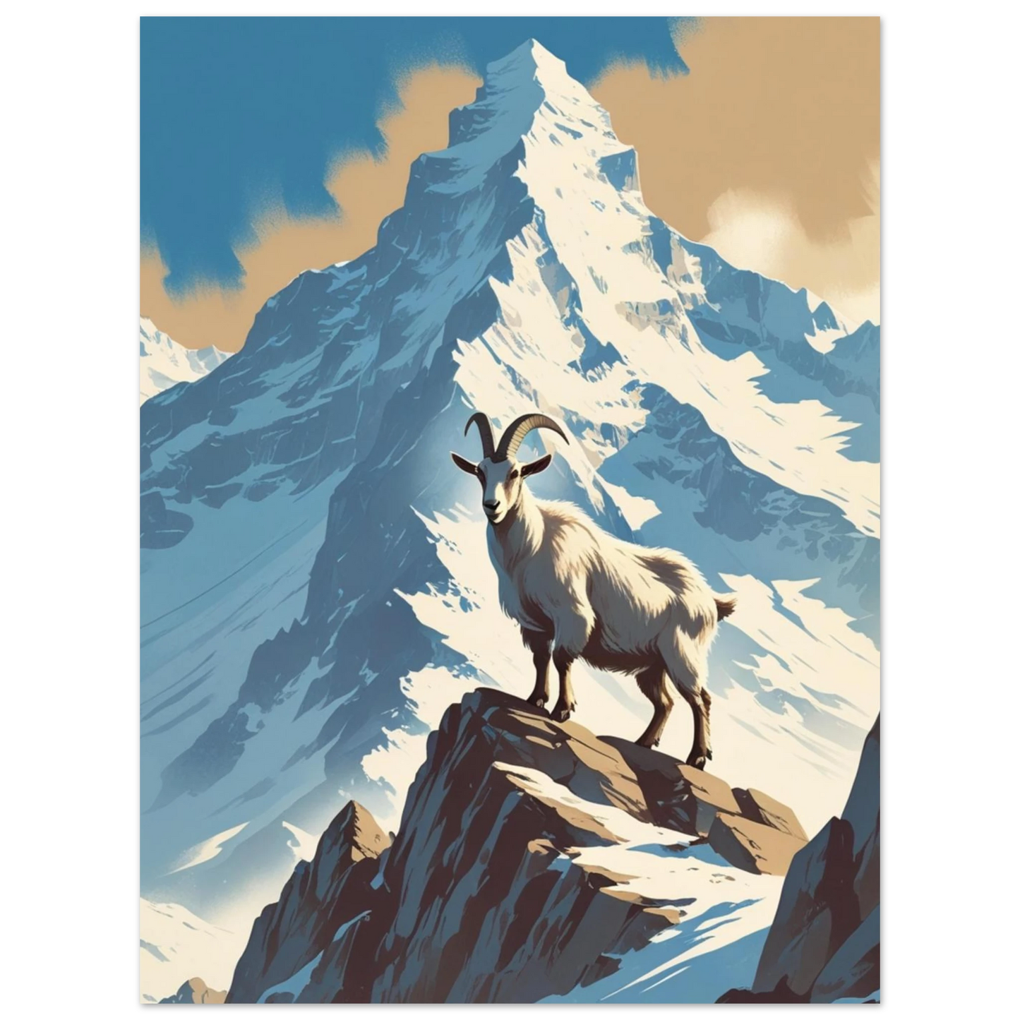 Äventyrligt naturmotiv med en bergsget i klassisk 1940-talsstil och blå himmel