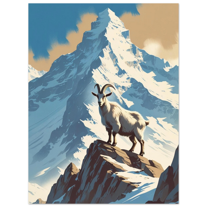 Äventyrligt naturmotiv med en bergsget i klassisk 1940-talsstil och blå himmel