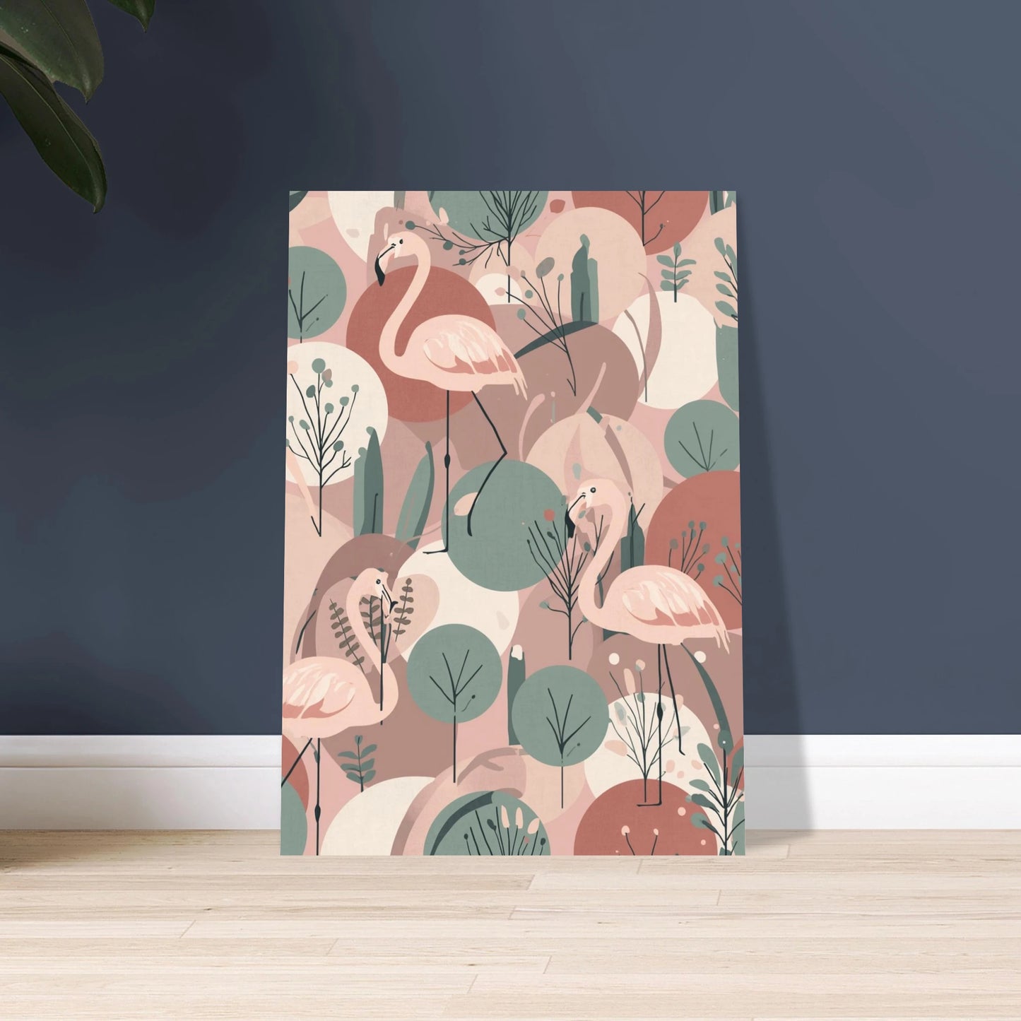 Flamingo i skandinavisk design, mjukt rosa och grönt mönster